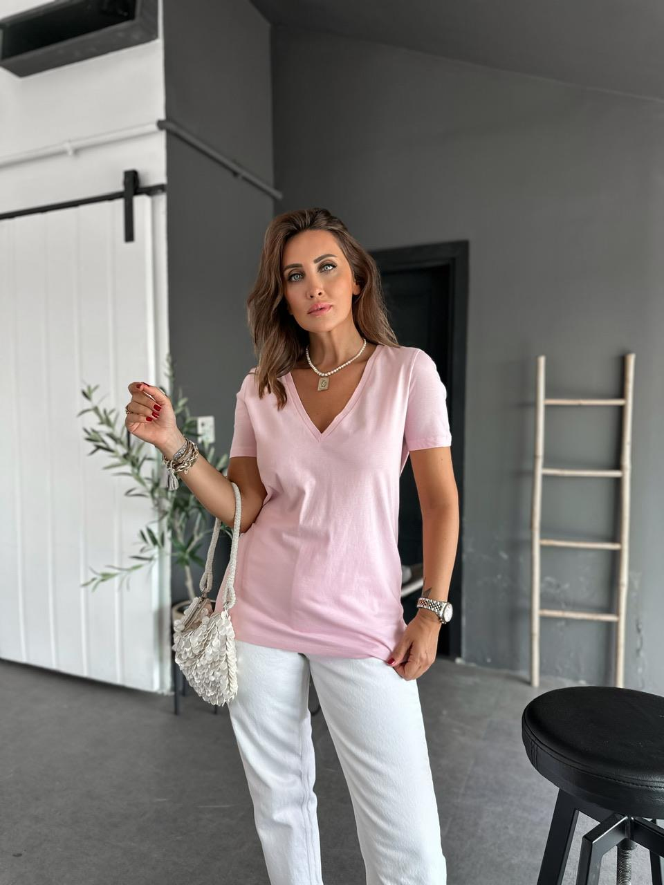 Pembe V Yaka Pamuklu Tshirt