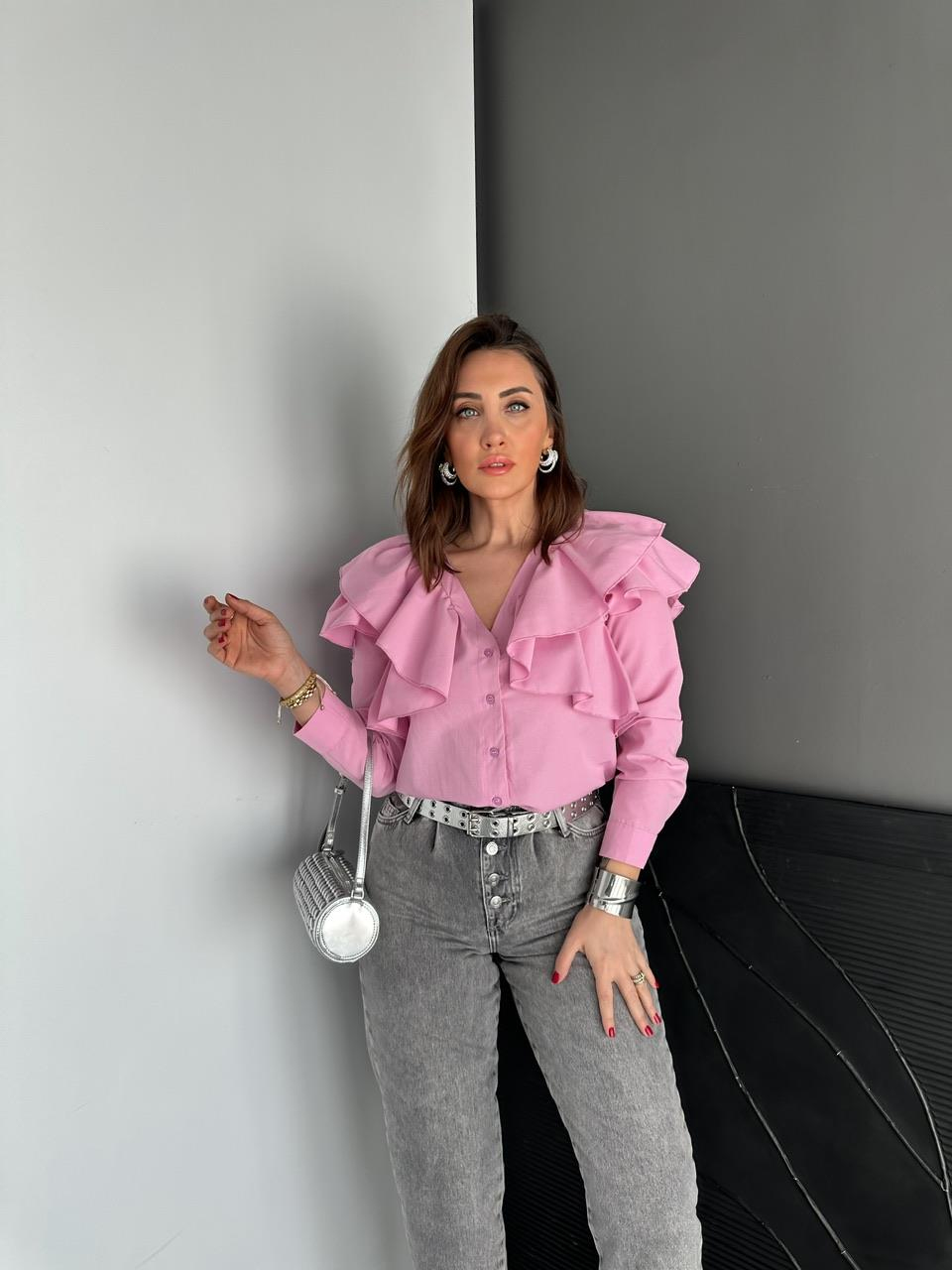 Pembe Volanlı Poplin Gömlek