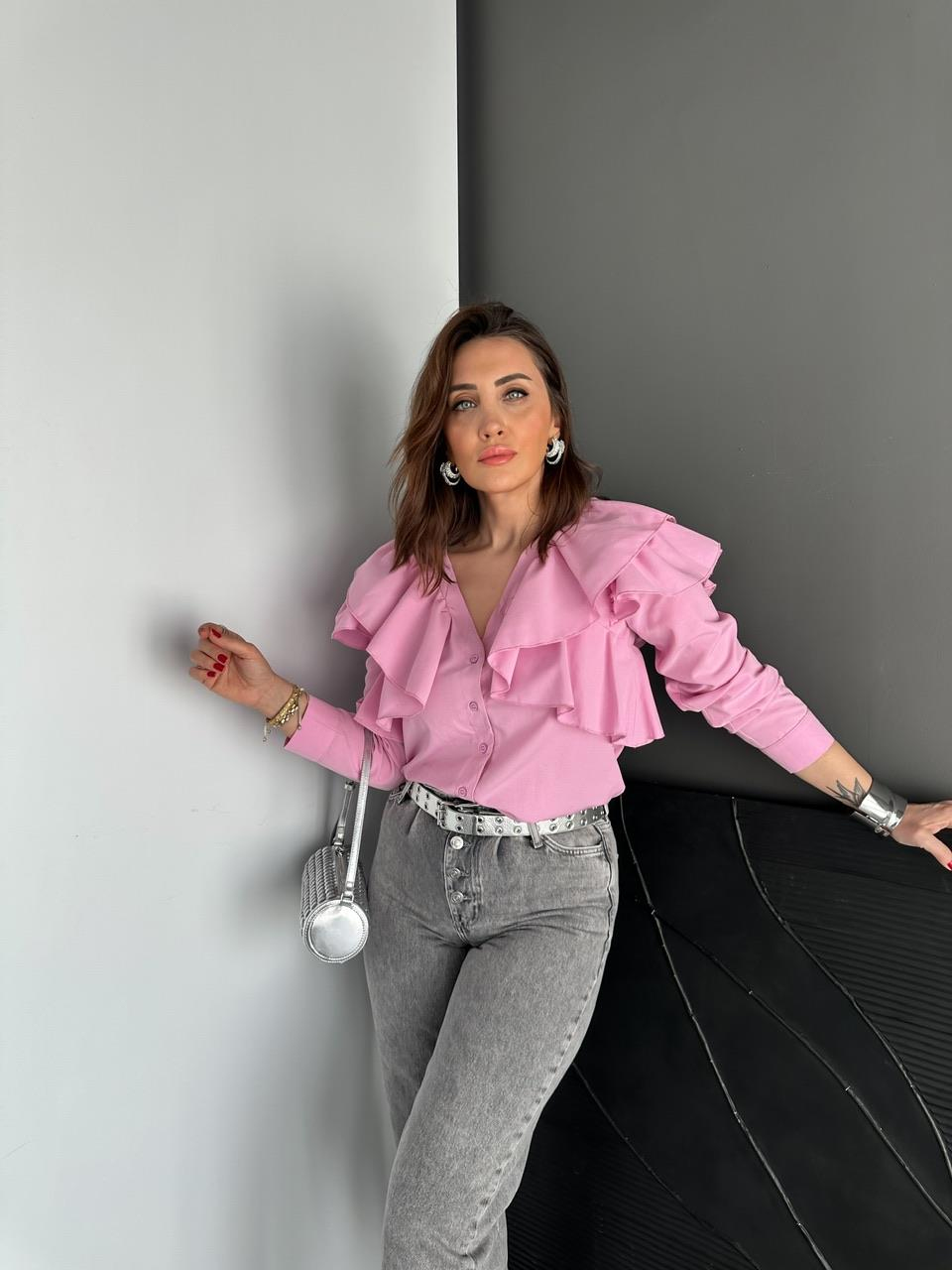 Pembe Volanlı Poplin Gömlek