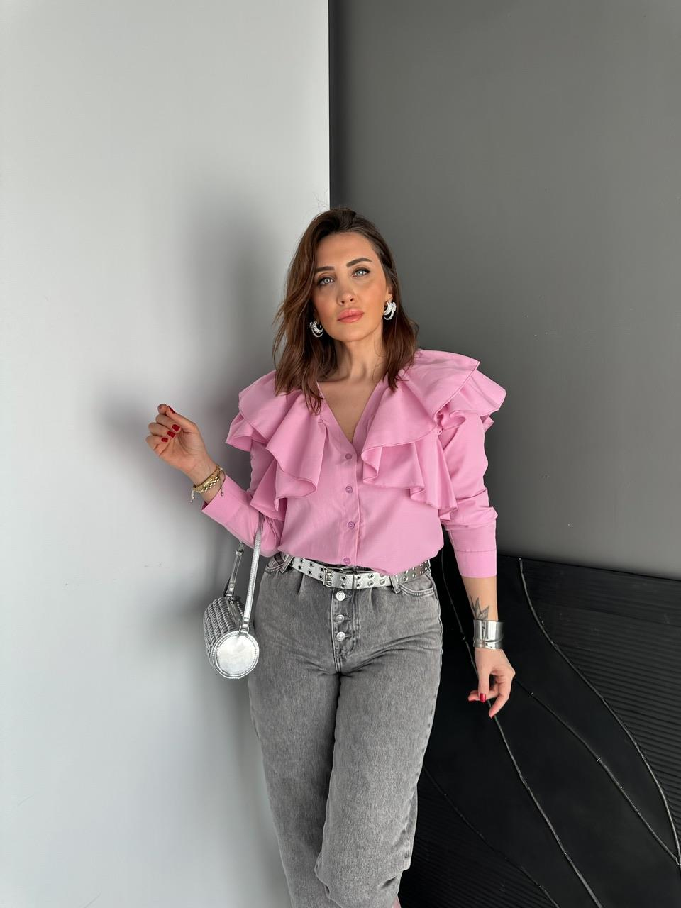 Pembe Volanlı Poplin Gömlek