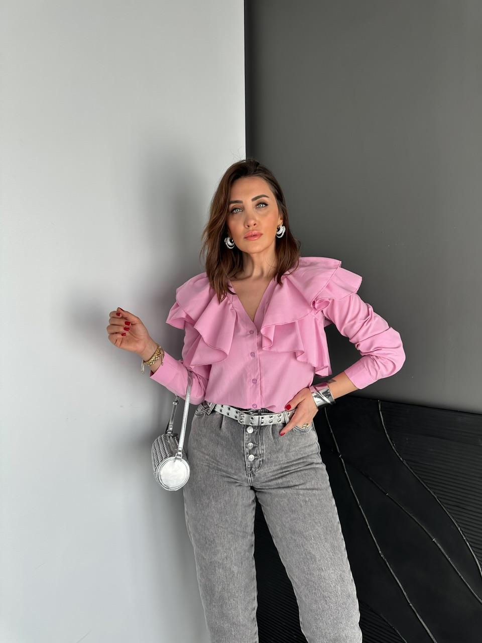 Pembe Volanlı Poplin Gömlek