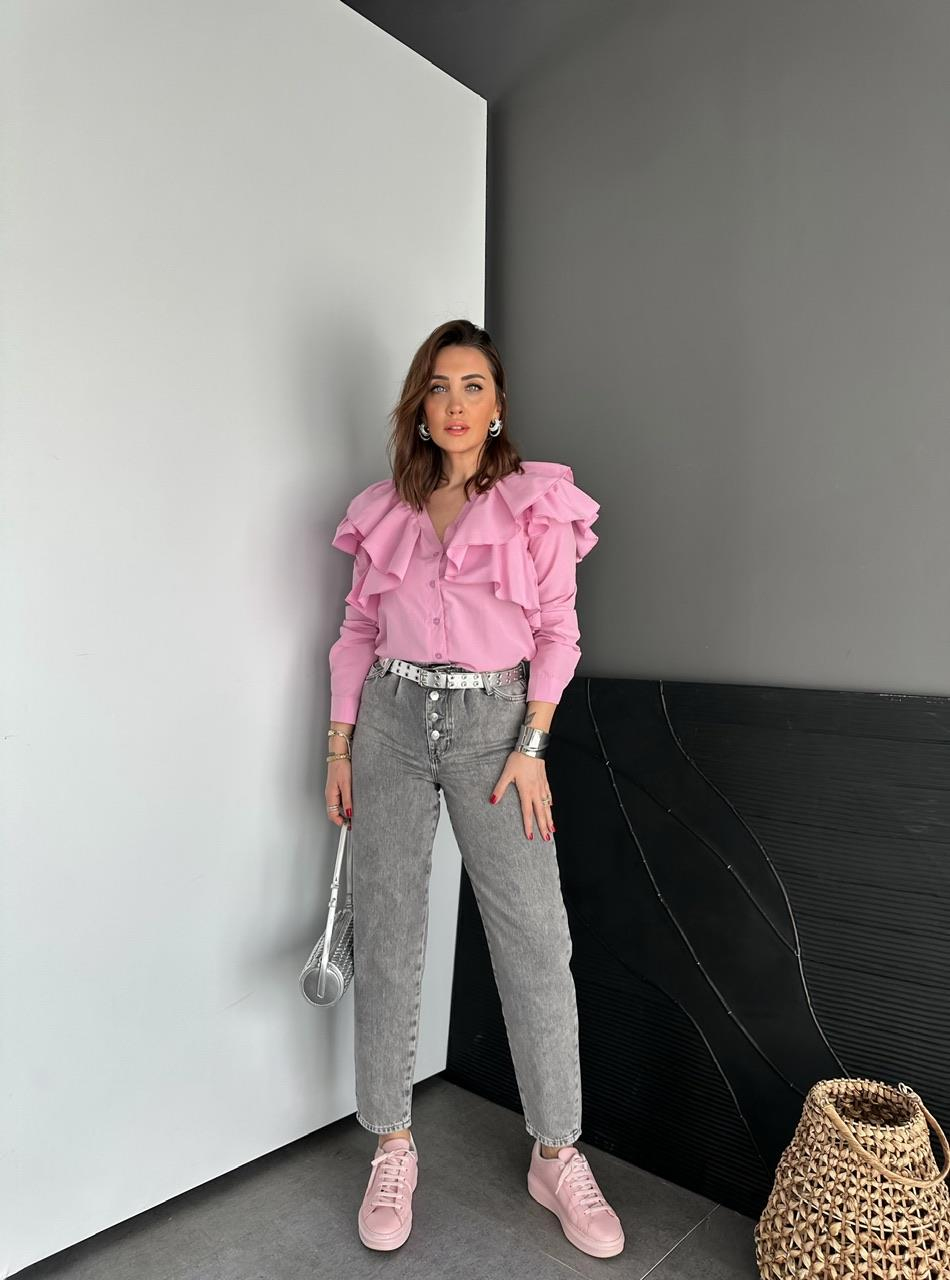 Pembe Volanlı Poplin Gömlek