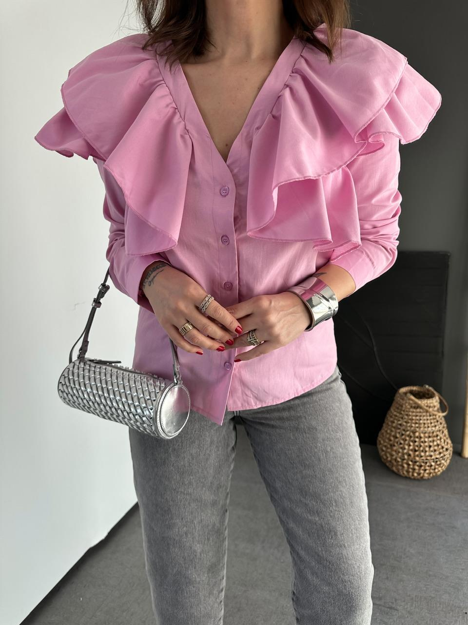Pembe Volanlı Poplin Gömlek