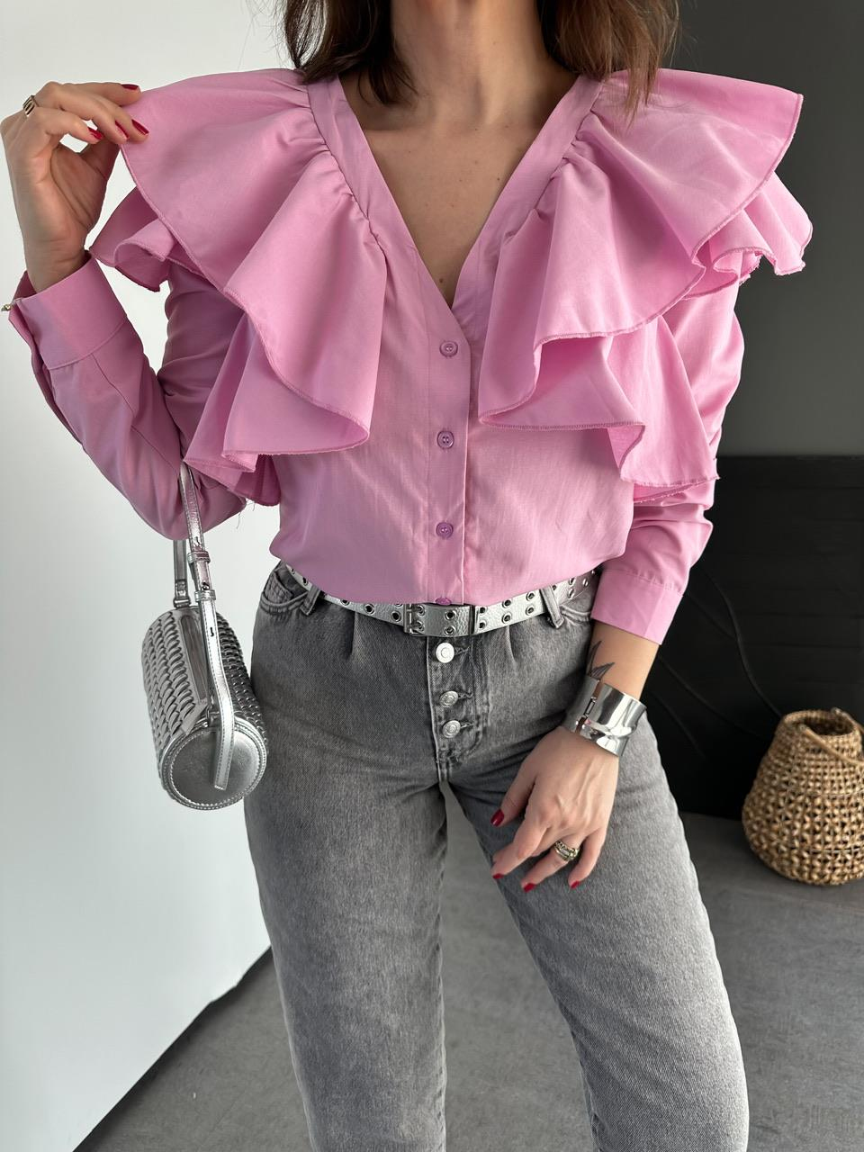Pembe Volanlı Poplin Gömlek