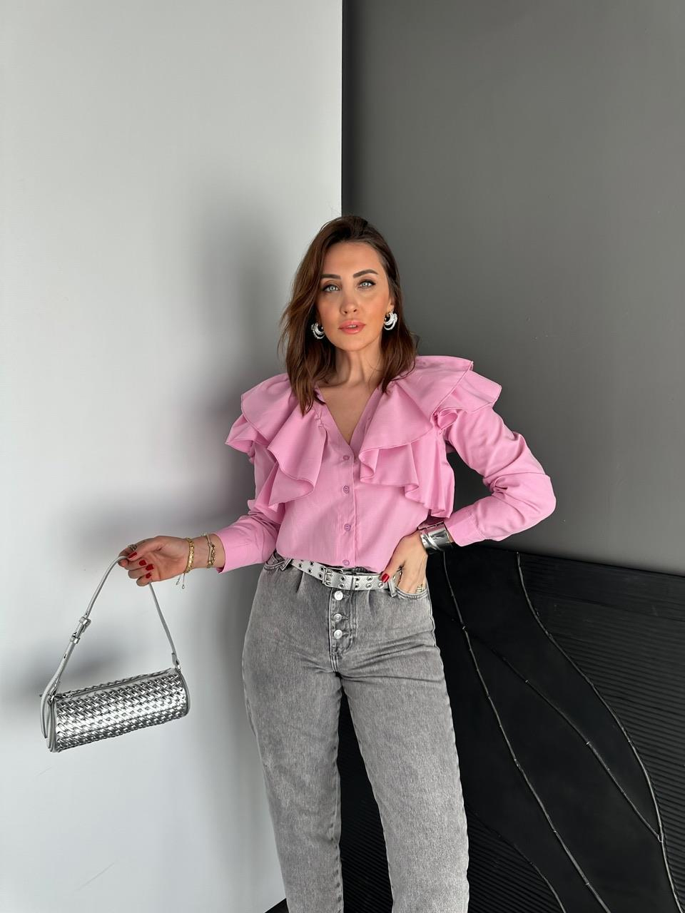 Pembe Volanlı Poplin Gömlek