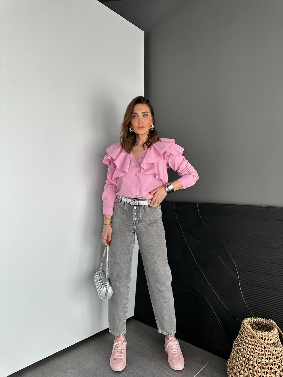 Pembe Volanlı Poplin Gömlek