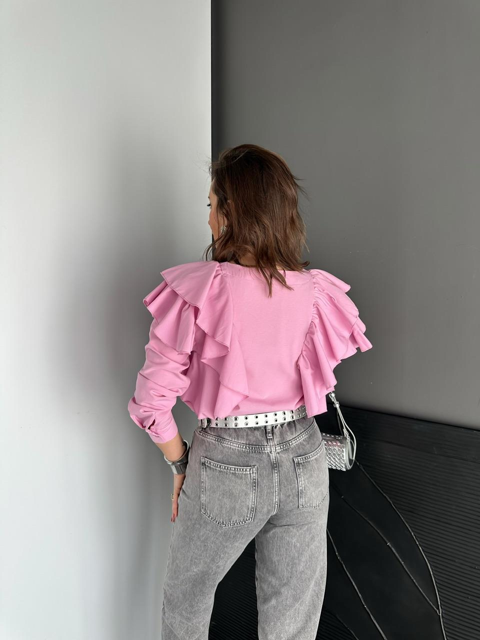 Pembe Volanlı Poplin Gömlek