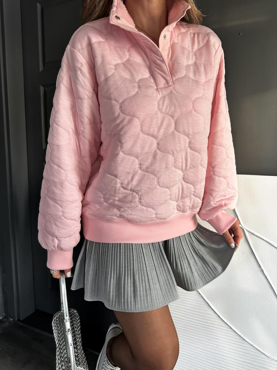 Pembe Yakası Çıtçıtlı Sweatshirt