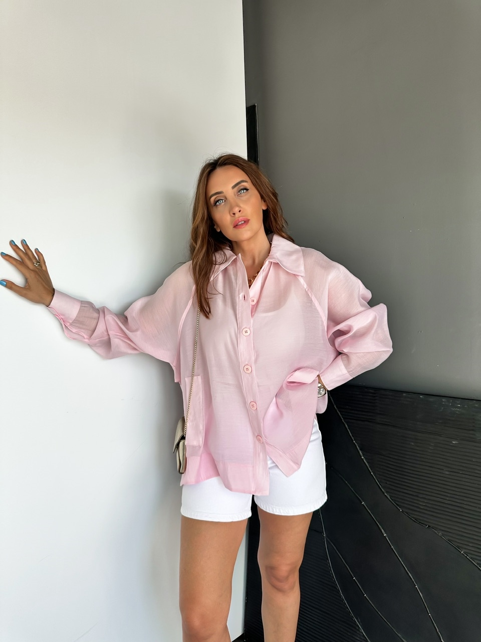 Pembe Yarasa Kol Oversize Gömlek