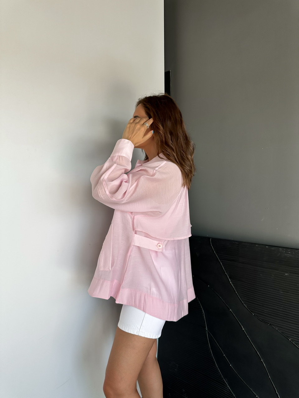 Pembe Yarasa Kol Oversize Gömlek