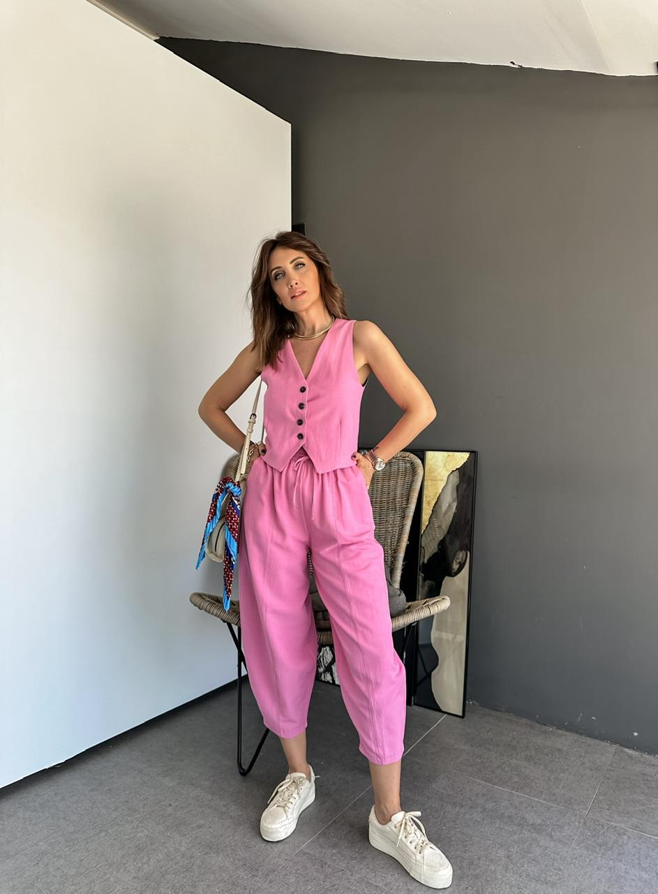 Pembe Yelekli Keten Takım