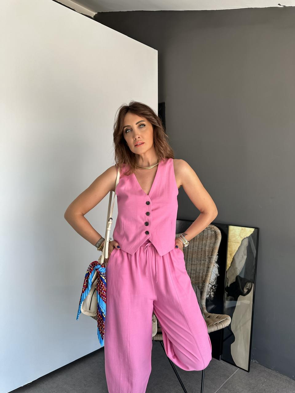 Pembe Yelekli Keten Takım