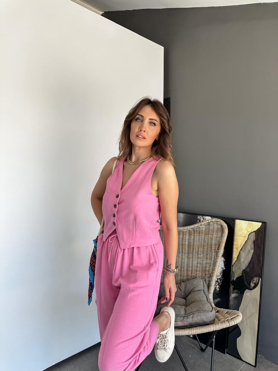 Pembe Yelekli Keten Takım