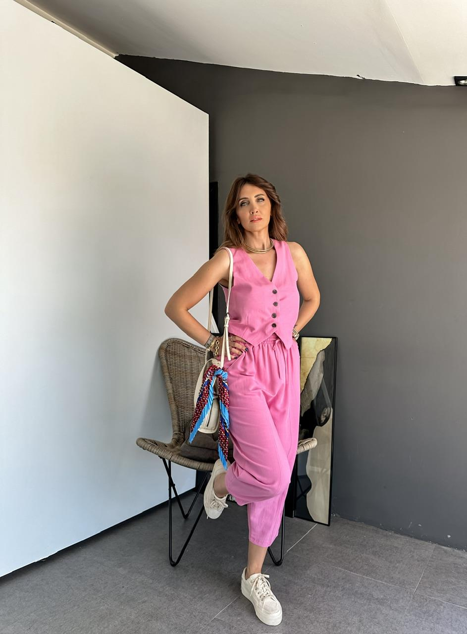 Pembe Yelekli Keten Takım