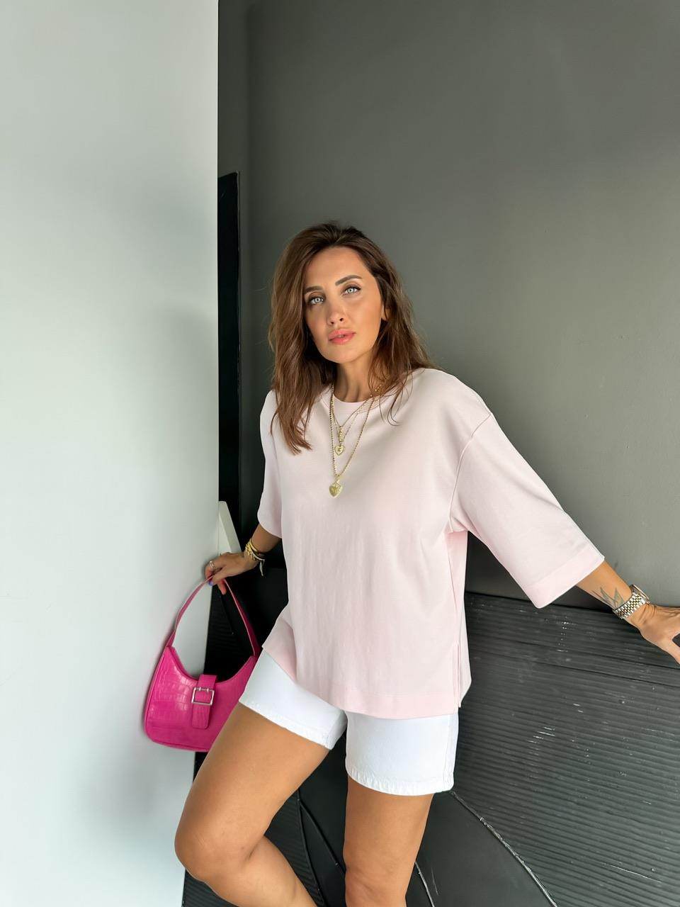 Pembe Yırtmaçlı Cotton Oversize Tshirt