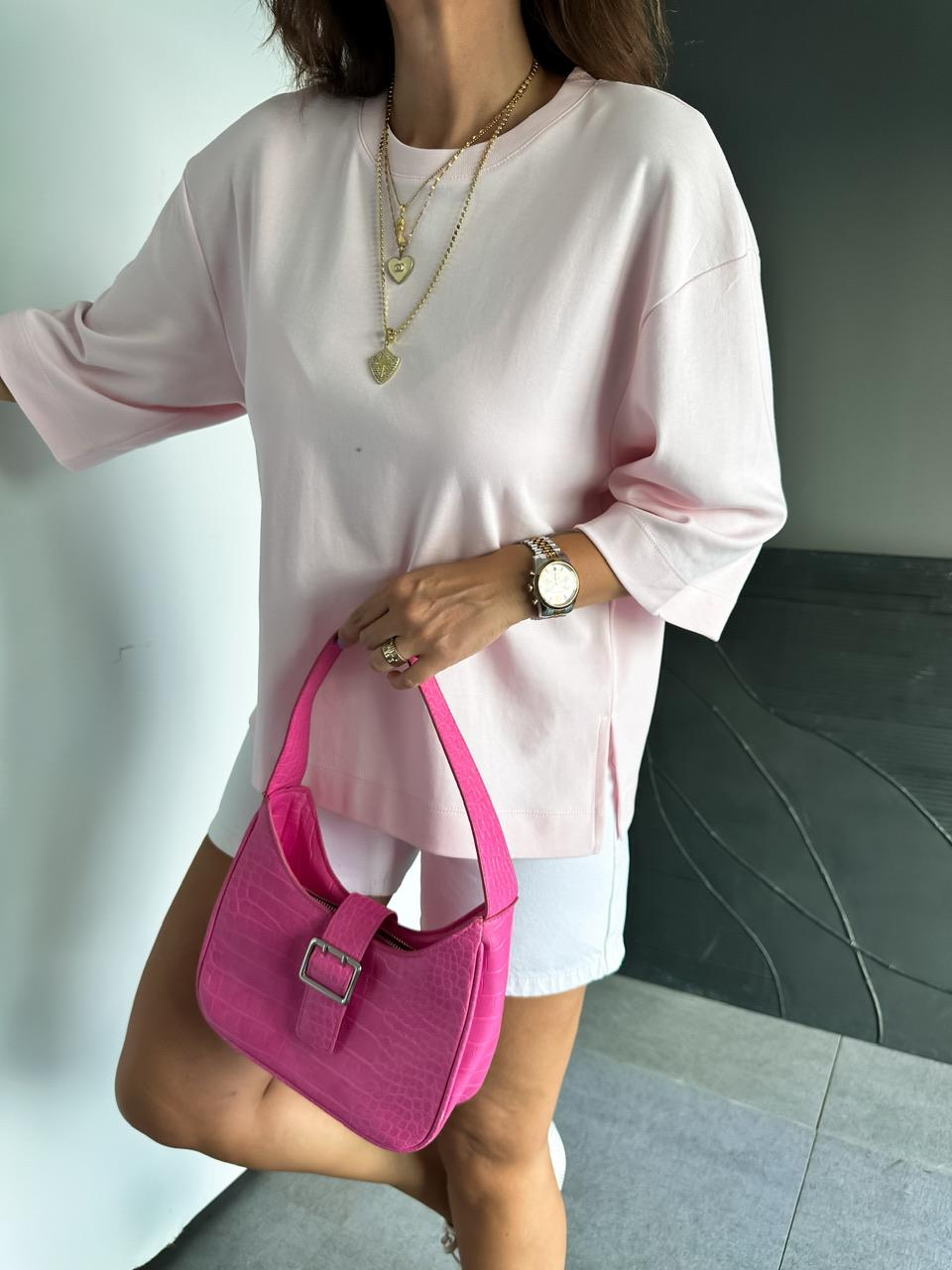 Pembe Yırtmaçlı Cotton Oversize Tshirt