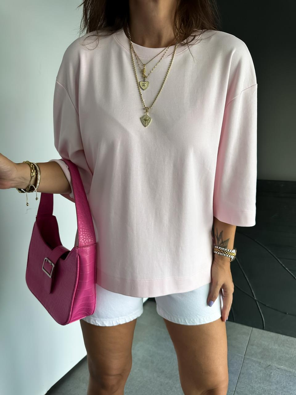 Pembe Yırtmaçlı Cotton Oversize Tshirt