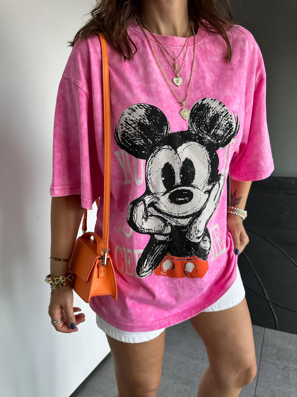 Pembe You Miki Yıkamalı Tshirt