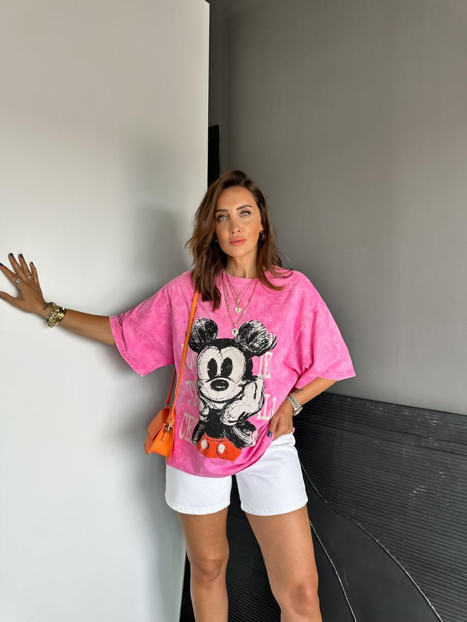 Pembe You Miki Yıkamalı Tshirt