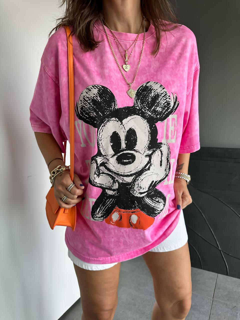 Pembe You Miki Yıkamalı Tshirt
