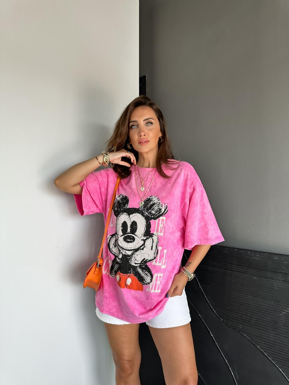 Pembe You Miki Yıkamalı Tshirt