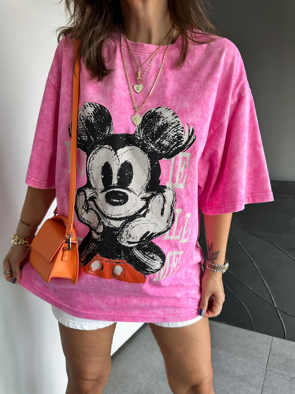 Pembe You Miki Yıkamalı Tshirt