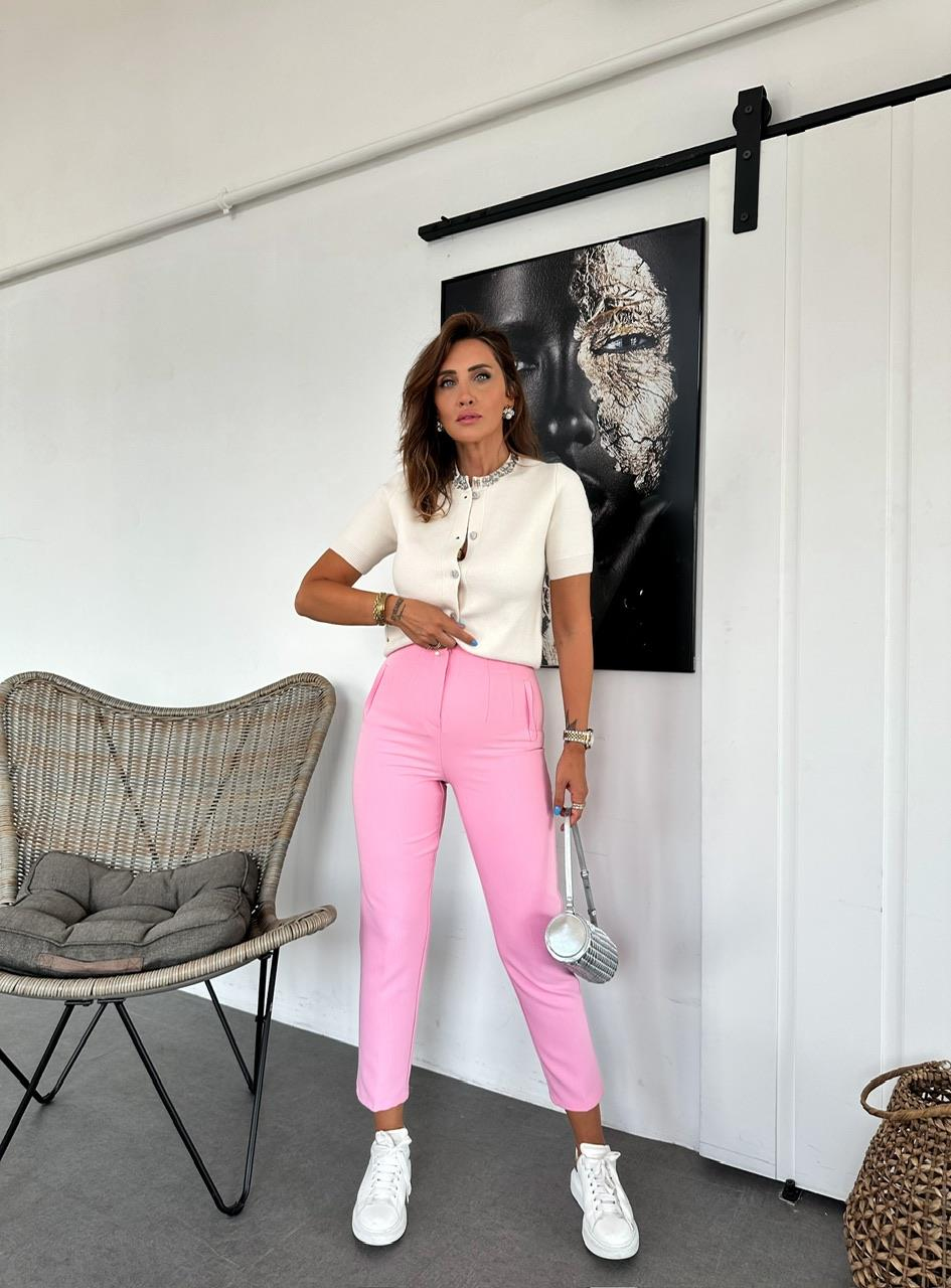 Pembe Yüksek Bel Fistolu Pantolon