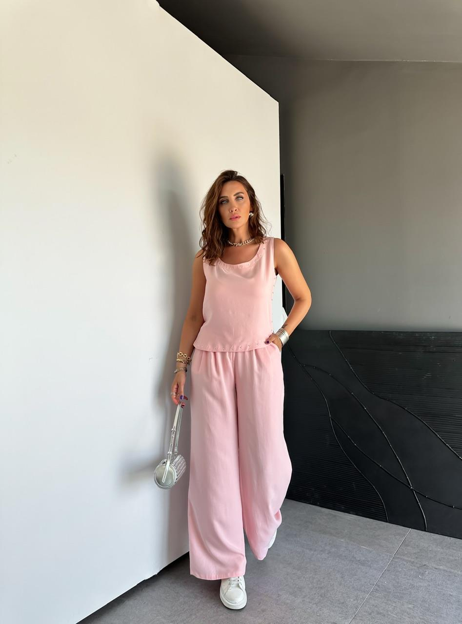 Pembe Zımbalı Bluz Pantolon Takım