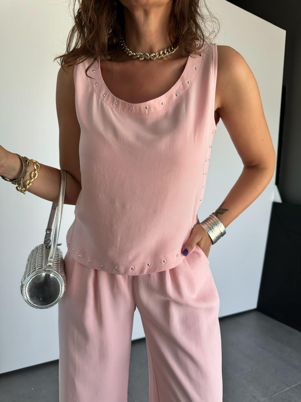 Pembe Zımbalı Bluz Pantolon Takım