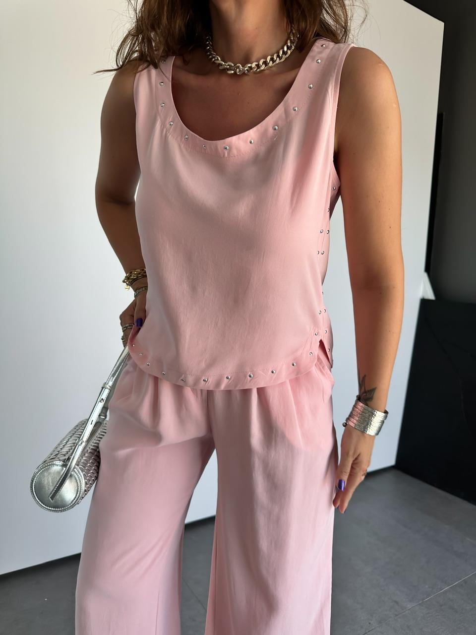 Pembe Zımbalı Bluz Pantolon Takım