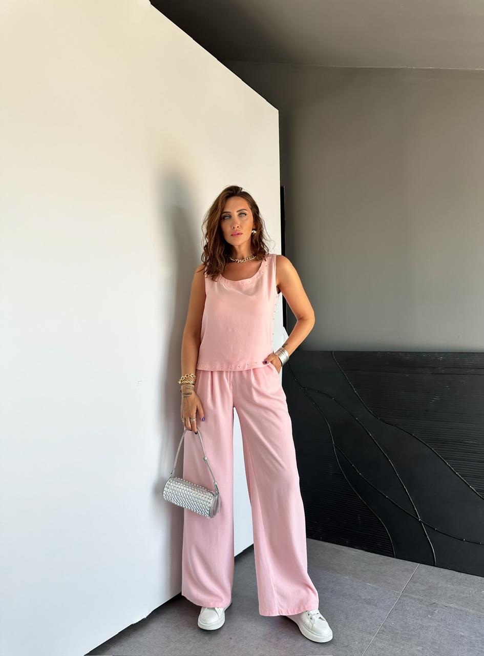 Pembe Zımbalı Bluz Pantolon Takım