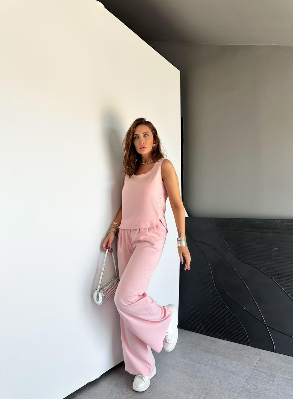 Pembe Zımbalı Bluz Pantolon Takım