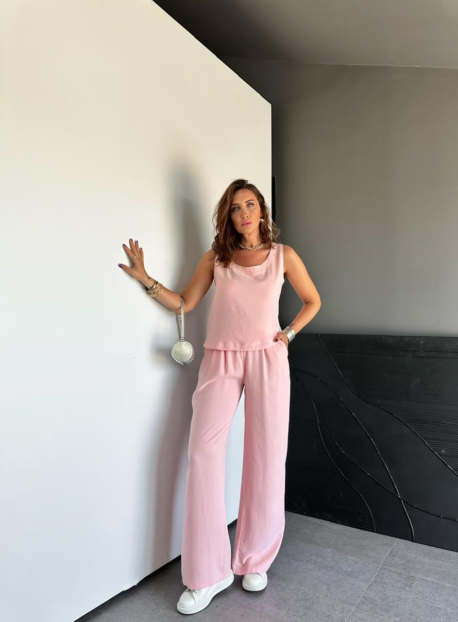 Pembe Zımbalı Bluz Pantolon Takım