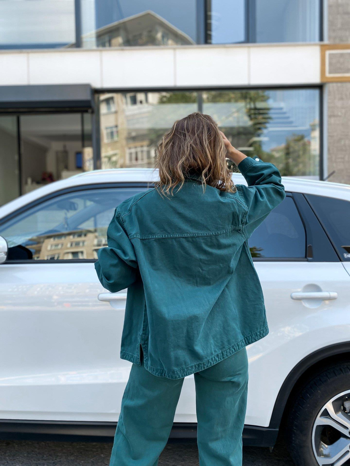 Petrol Yeşili Düğmeli Kot Ceket