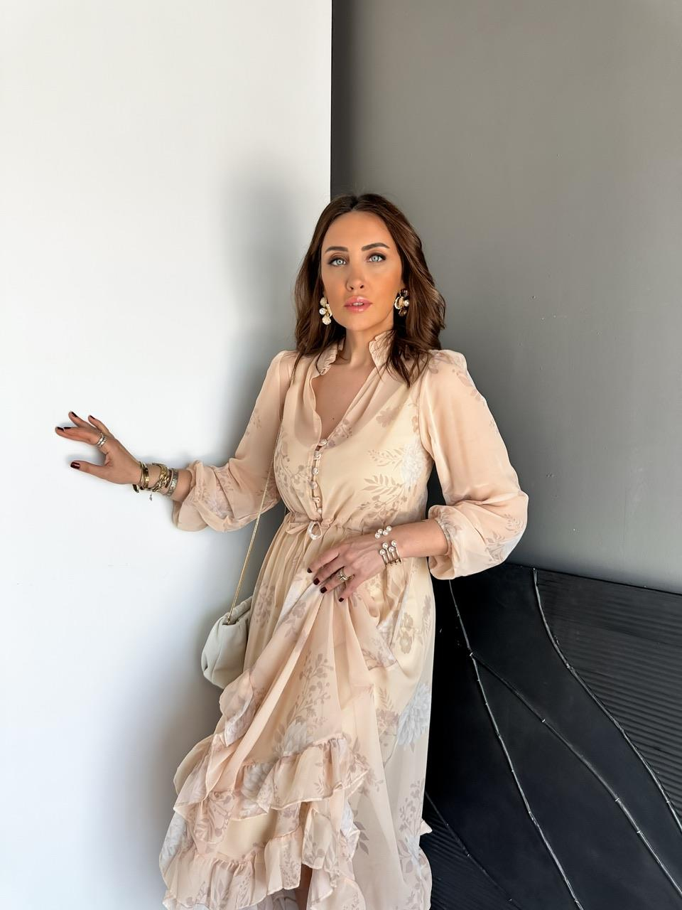 Pudra Çiçekli Fırfırlı Şifon Elbise