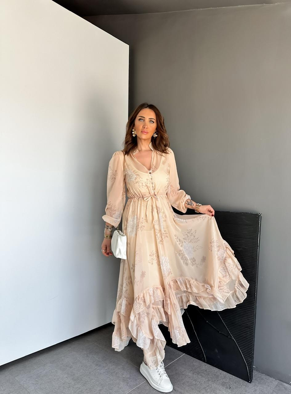 Pudra Çiçekli Fırfırlı Şifon Elbise