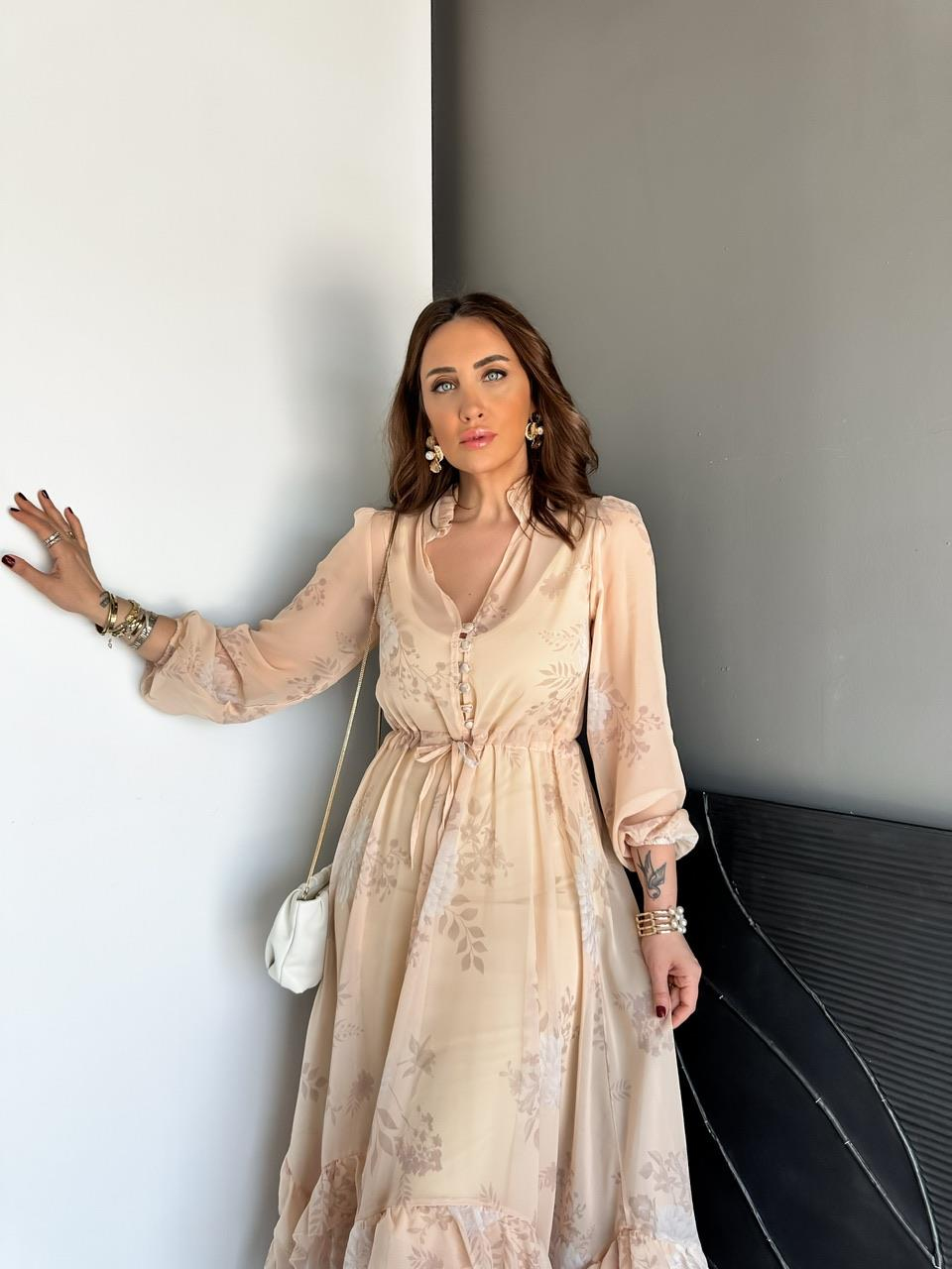 Pudra Çiçekli Fırfırlı Şifon Elbise