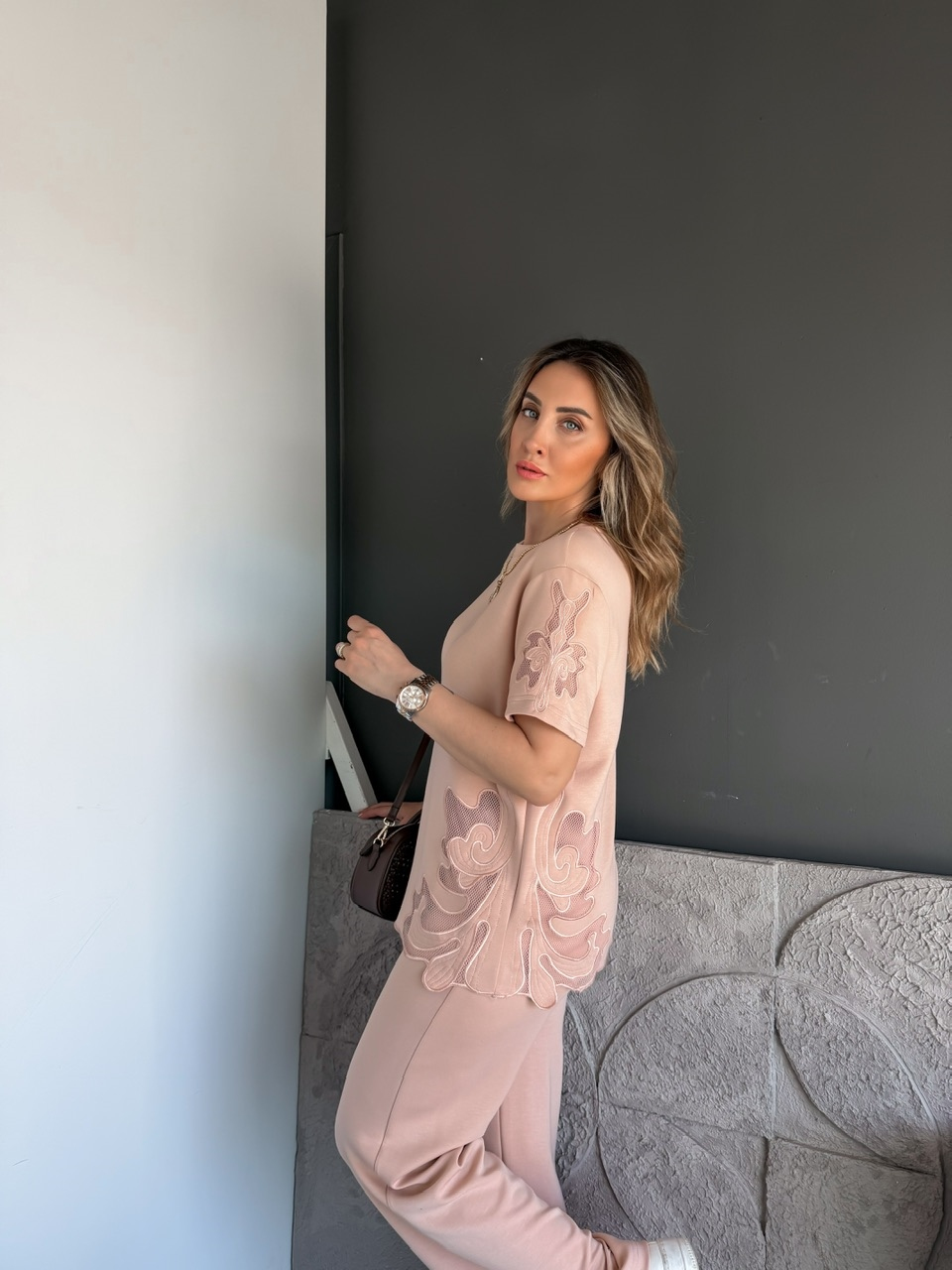 Pudra Tek Yanı Nakışlı Modal Takım