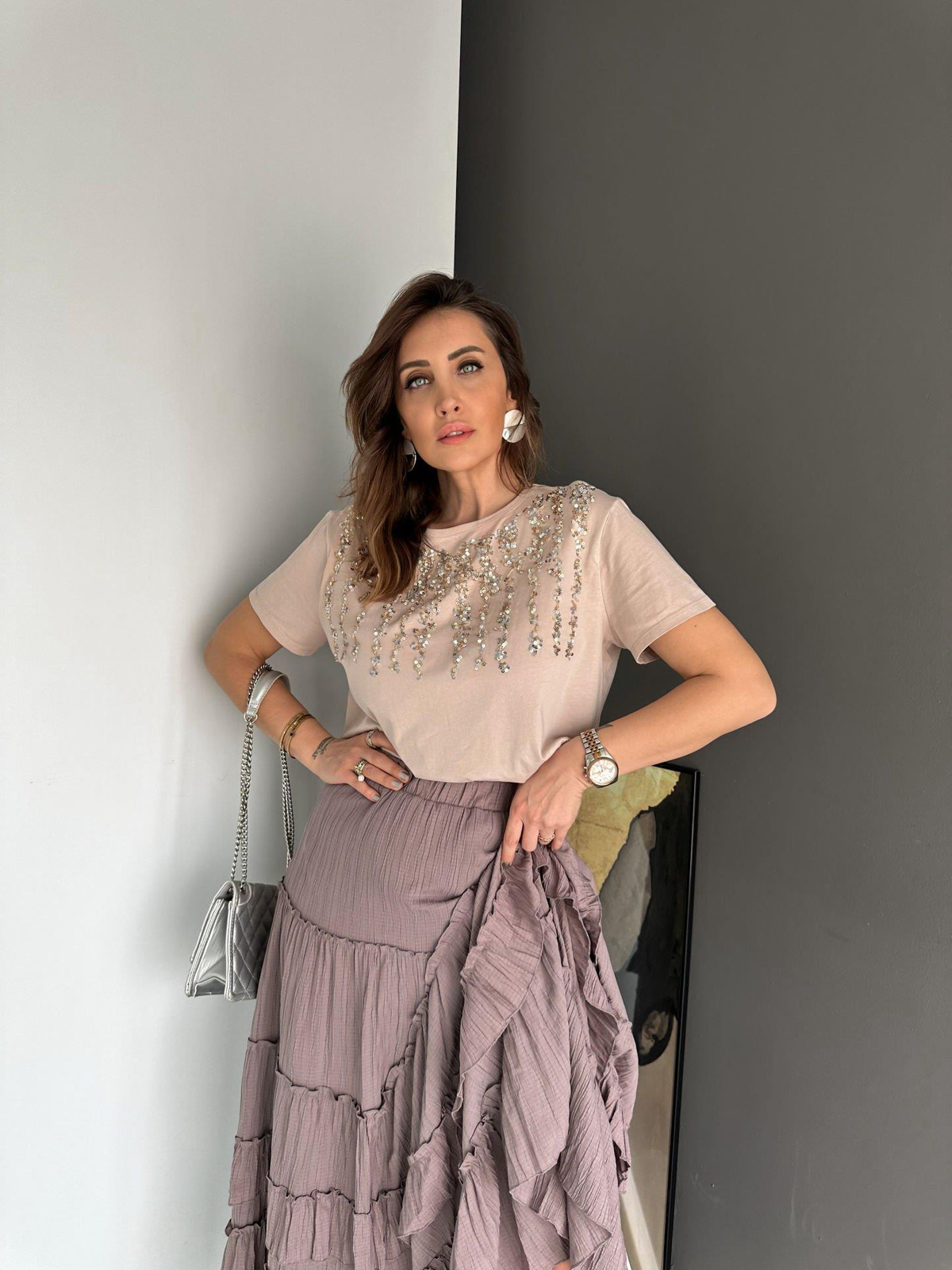 Pul İşlemeli Cotton Tshirt