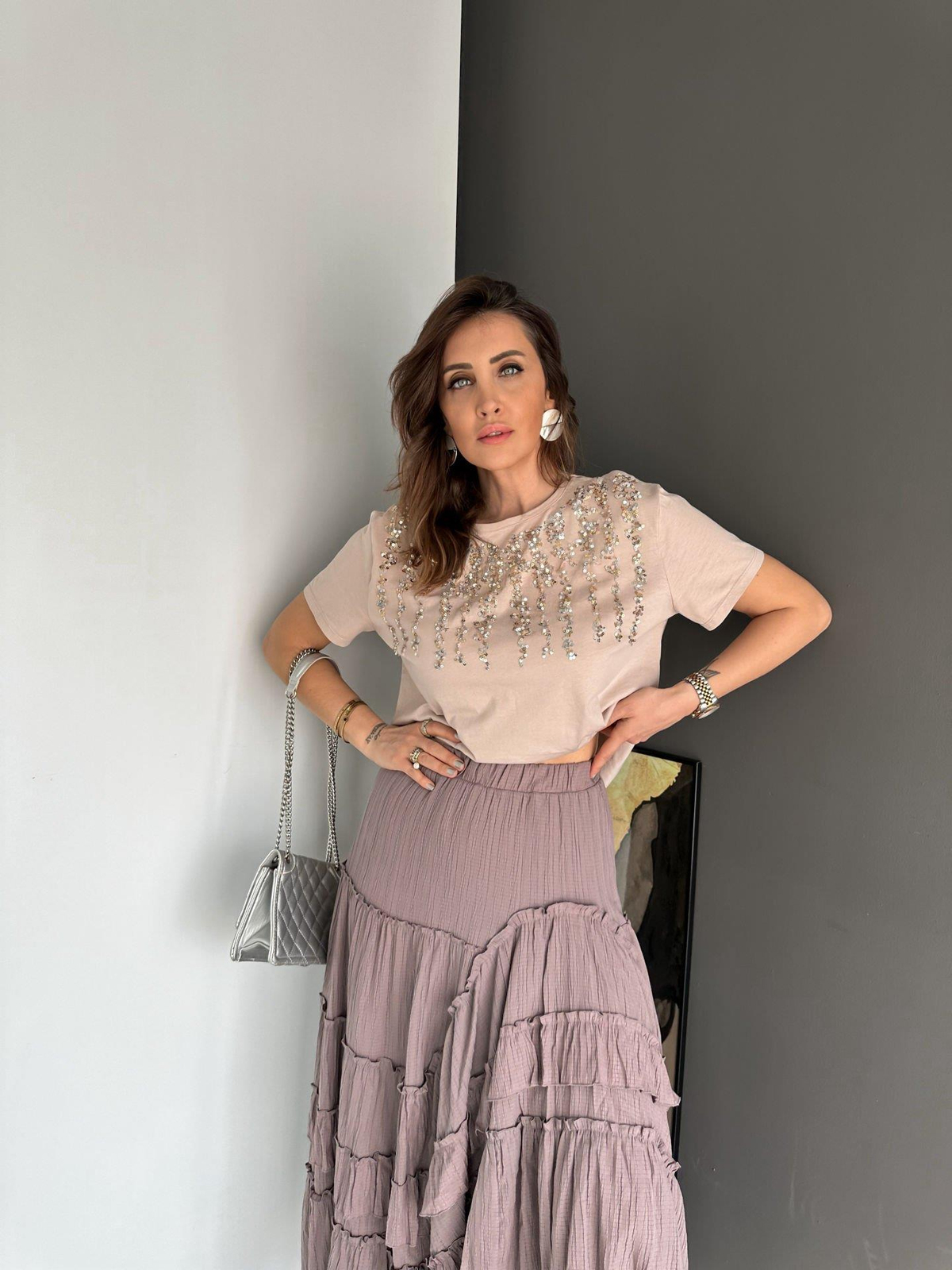 Pul İşlemeli Cotton Tshirt