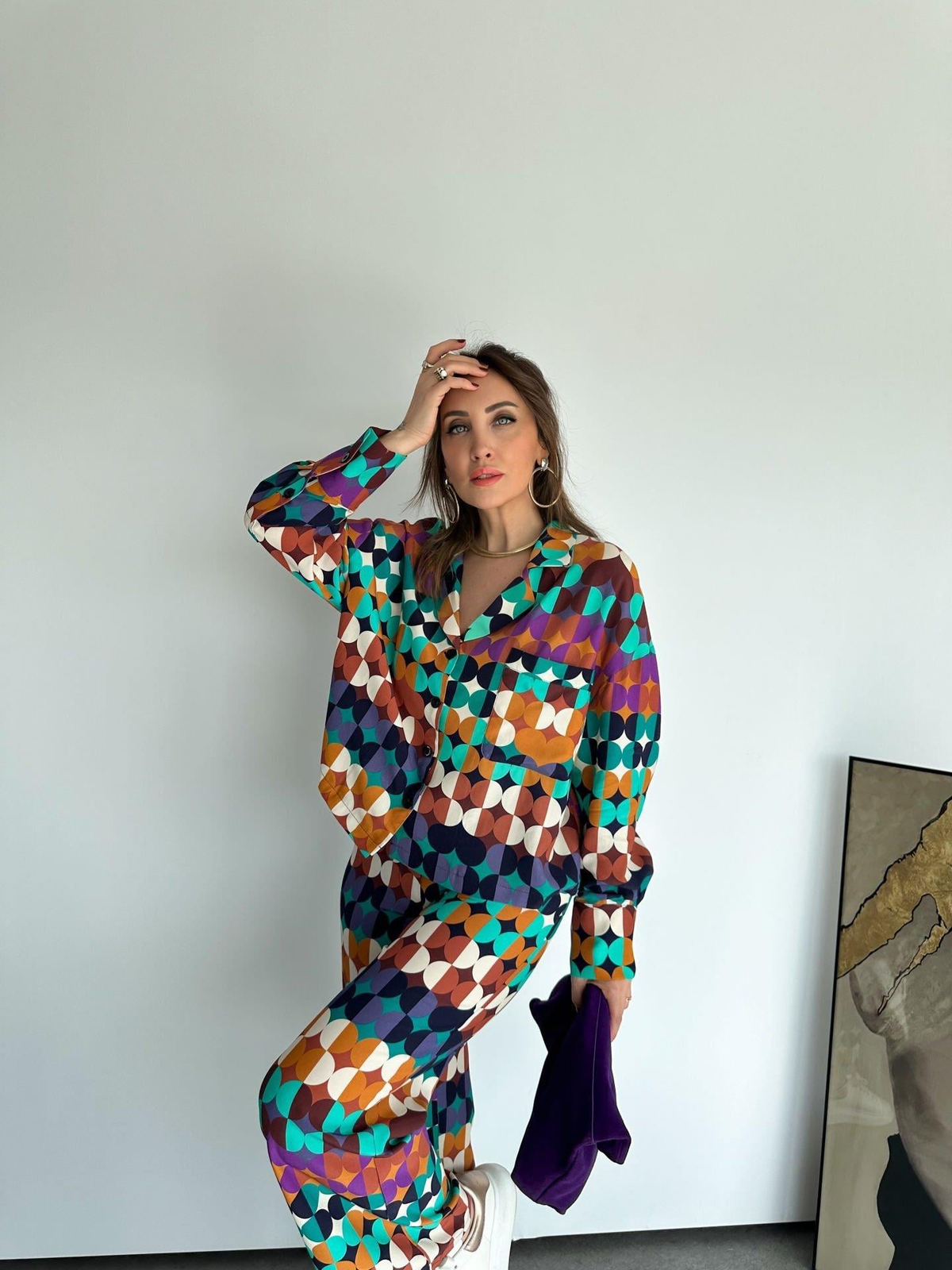 Renkli Geometrik Desenli Gömlek Pantolon Takım