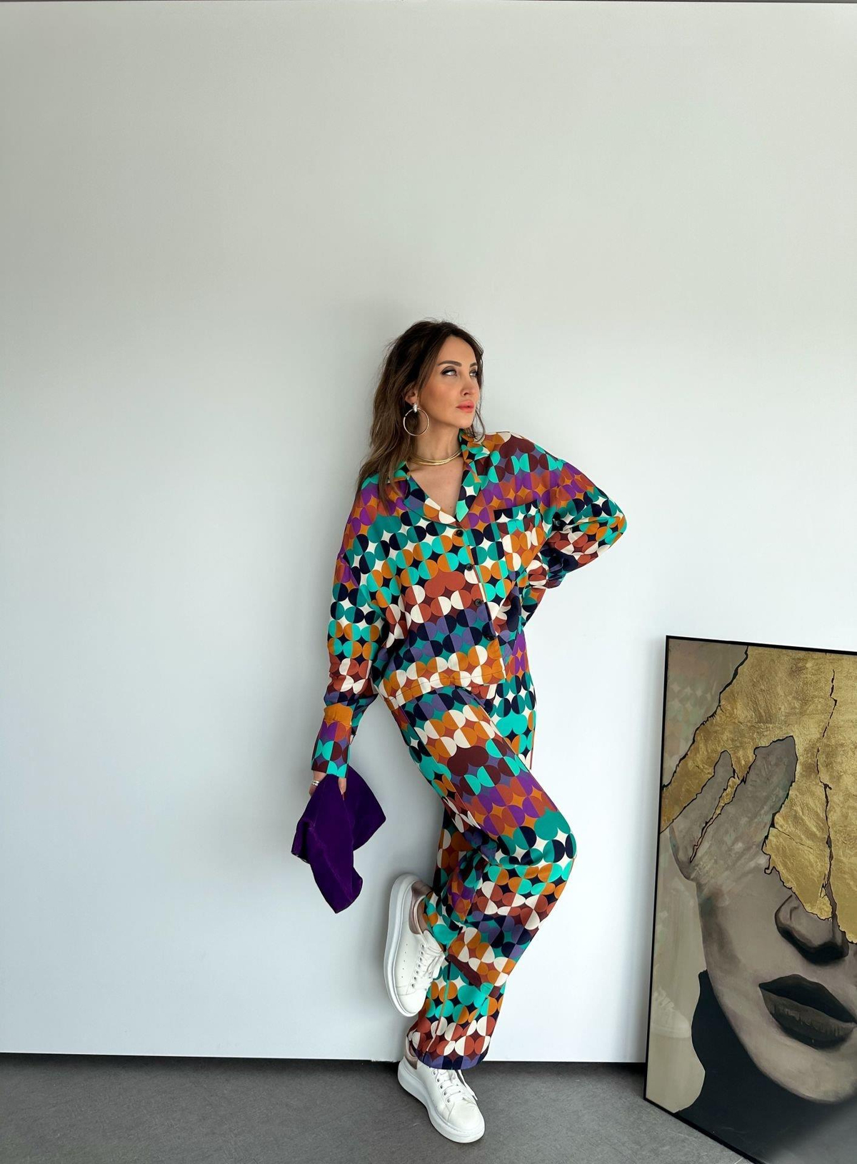 Renkli Geometrik Desenli Gömlek Pantolon Takım