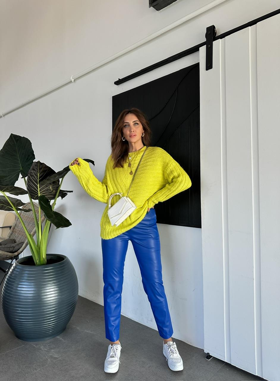 Saks Mavi Beli Lastikli Basic Deri Pantolon