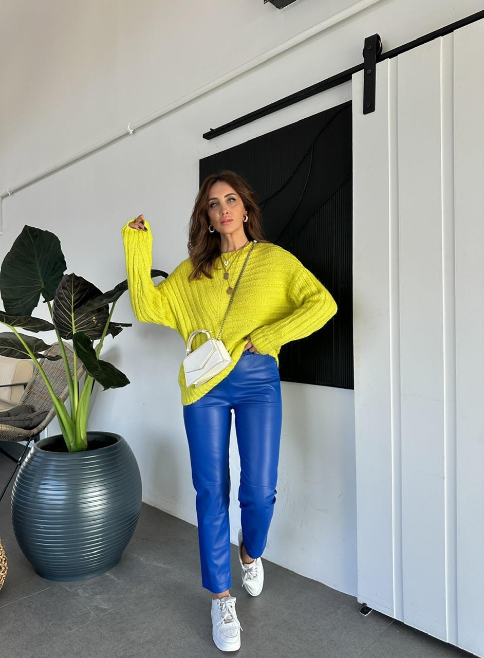 Saks Mavi Beli Lastikli Basic Deri Pantolon
