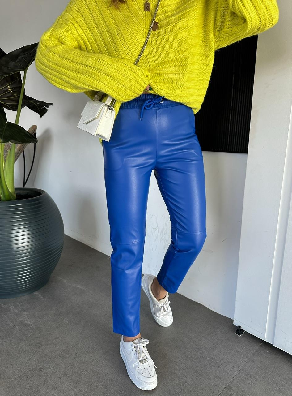 Saks Mavi Beli Lastikli Basic Deri Pantolon