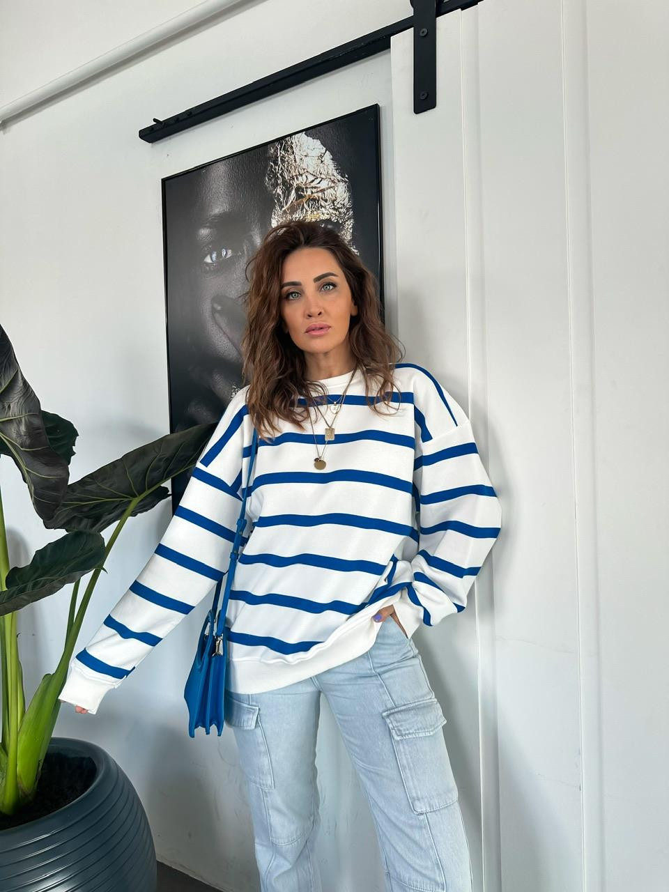 Saks Mavi Çizgili Oversize Sweatshirt