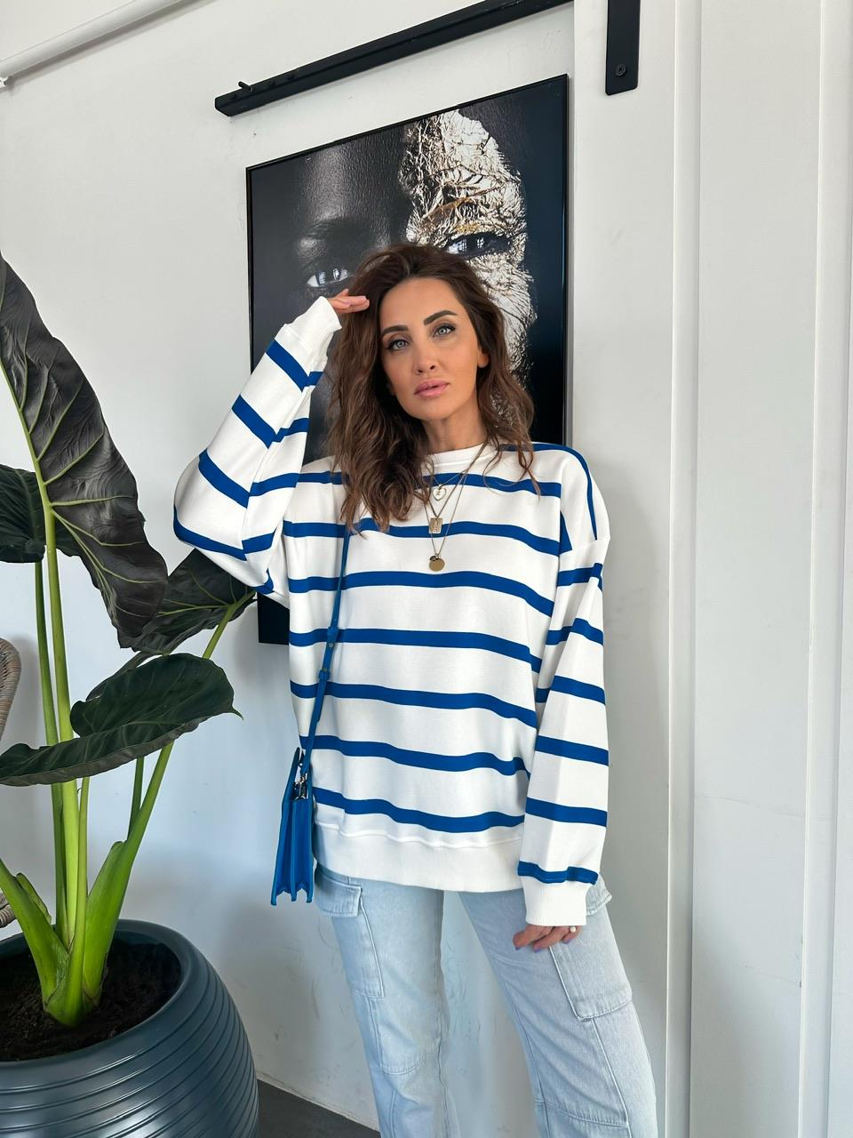 Saks Mavi Çizgili Oversize Sweatshirt
