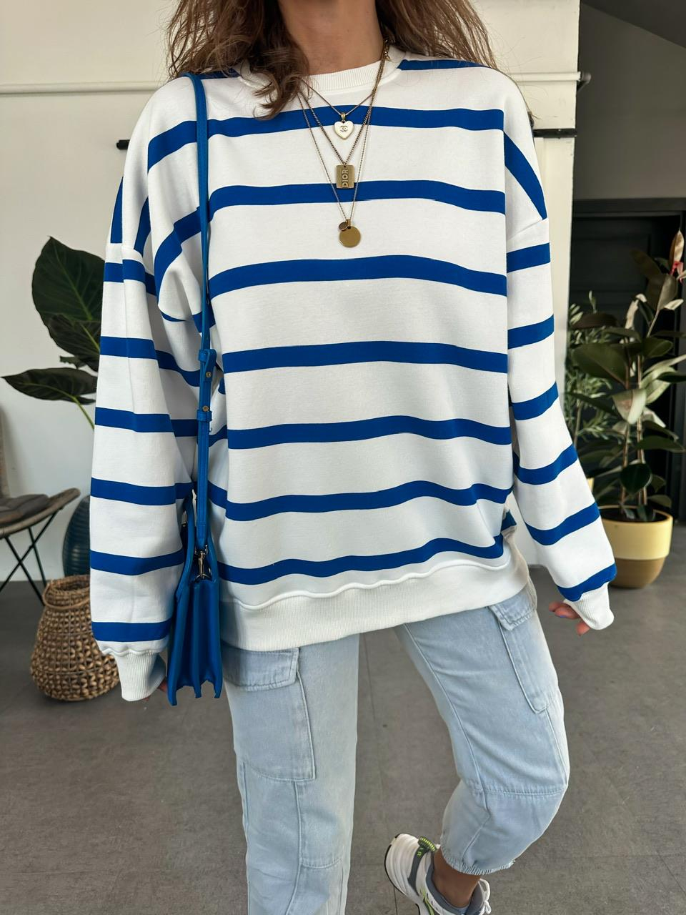 Saks Mavi Çizgili Oversize Sweatshirt