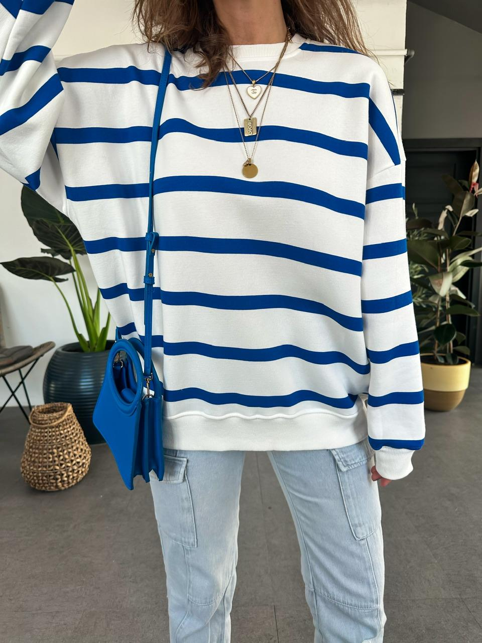 Saks Mavi Çizgili Oversize Sweatshirt