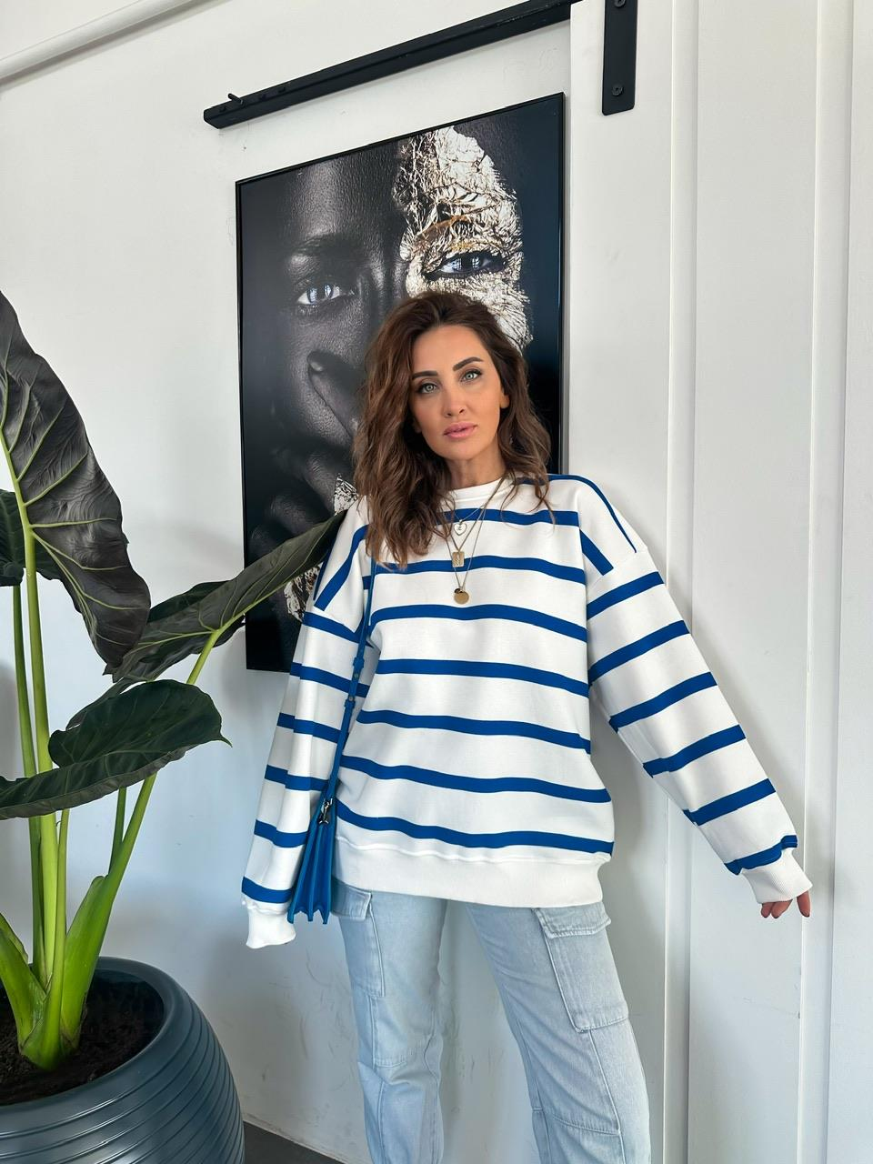 Saks Mavi Çizgili Oversize Sweatshirt